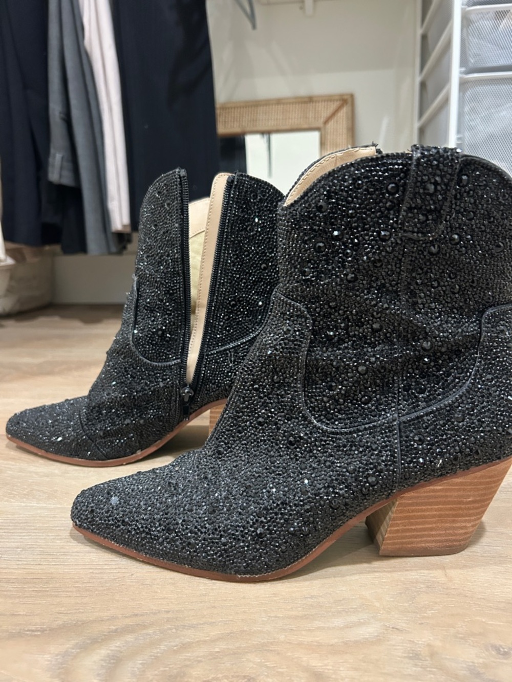 Betsey Johnson Black Crystal Embellished Western Booties